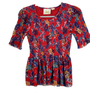 Anthropologie Maeve Womens Sz S floral smocked mesh peplum lined Bohemian top